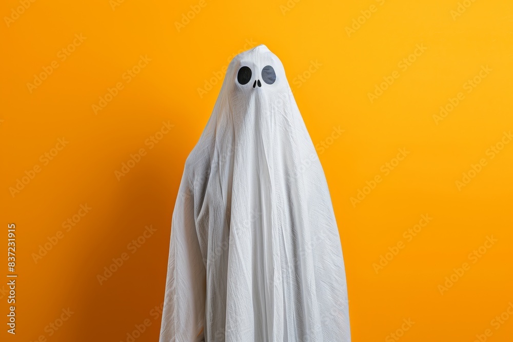 In this delightful 3D illustration mockup and rendering, a friendly ghost, adorned in a white sheet, stands in a charming scene against an isolated yellow background. In this delightful 3D illustration mockup and rendering, a friendly ghost, adorned in a white sheet, stands in a charming scene against an isolated yellow background.