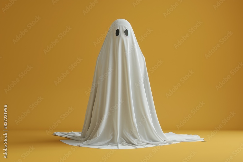 In this delightful 3D illustration mockup and rendering, a friendly ghost, adorned in a white sheet, stands in a charming scene against an isolated yellow background. In this delightful 3D illustration mockup and rendering, a friendly ghost, adorned in a white sheet, stands in a charming scene against an isolated yellow background.