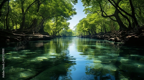 A tranquil mangrove forest with tangled roots and verdant foliage, providing a vital habitat for a diverse array of wildlife and showcasing the unique beauty of coastal ecosystems. Minimal and Simple, photo
