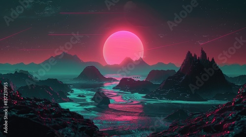 A beautiful, colorful, and surreal landscape with a large red sun in the sky, The sky is filled with stars and the mountains are covered in rocks, peaceful serene