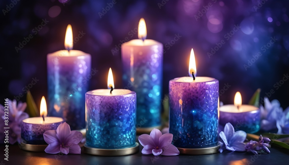 Candles with blue and purple flames dark background Candles with blue and purple flames dark background