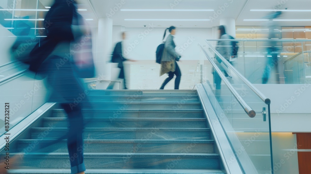 Obraz premium A blurry image of a group of people walking up a set of stairs, Concept of business and movement