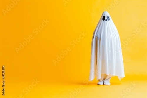 In this delightful 3D illustration mockup and rendering  a friendly ghost  adorned in a white sheet  stands in a charming scene against an isolated yellow background.