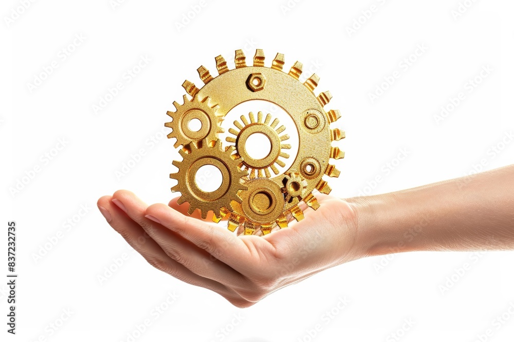 An illustration of an important piece of equipment, named a cogwheel, that has a brilliant red pink purple yellow color and a beautifully designed shape, is held by a hand on white background. An illustration of an important piece of equipment, named a cogwheel, that has a brilliant red pink purple yellow color and a beautifully designed shape, is held by a hand on white background.