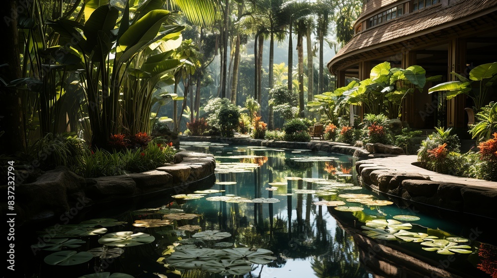 A serene pond surrounded by tropical gardens, with vibrant water lilies and lush foliage creating a tranquil oasis of natural beauty and serenity. Minimal and Simple,