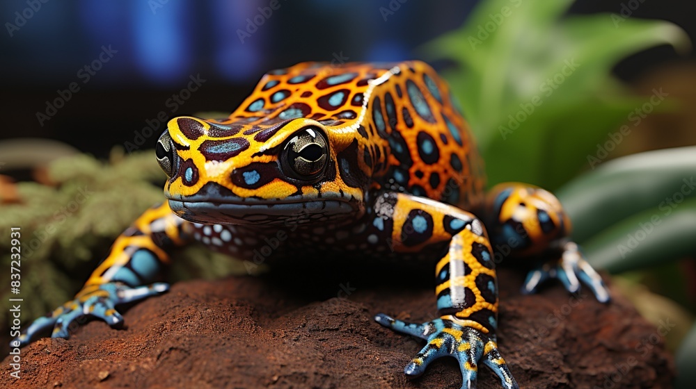 Fototapeta premium A close-up of a colorful poison dart frog perched on a leaf, with vibrant patterns and bold colors warning of its toxic nature, showcasing the exotic beauty and biodiversity of tropical wildlife.