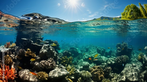 A panoramic view of a vibrant coral reef ecosystem, with colorful fish darting among intricate coral formations and vibrant marine life thriving in the warm tropical waters. Minimal and Simple,