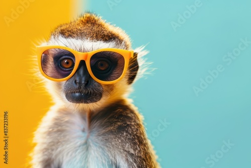 Monkey Wearing Sunglasses, Stylish Animal Fashion, Vibrant Yellow and Blue Background, Playful and Modern, Copy Space