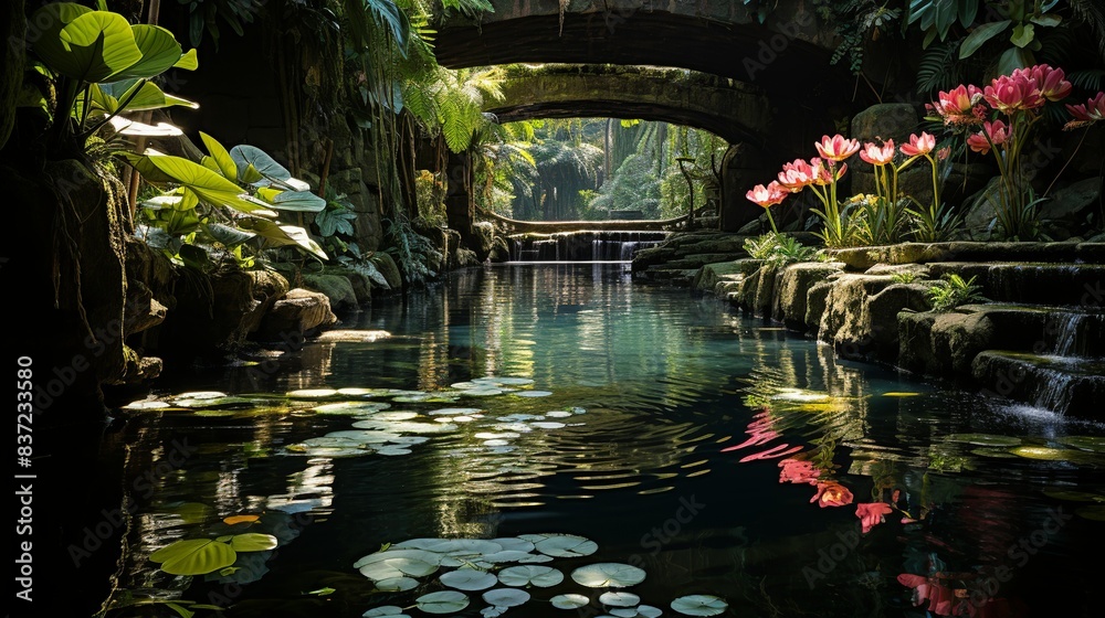 A serene waterfall cascading down moss-covered rocks in a tropical paradise, with lush greenery and vibrant flowers framing the majestic natural wonder, inviting viewers to immerse themselves in the A serene waterfall cascading down moss-covered rocks in a tropical paradise, with lush greenery and vibrant flowers framing the majestic natural wonder, inviting viewers to immerse themselves in the