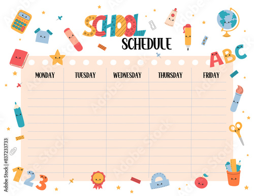 Cute school schedule vector template printable US Letter size. Weekly class timetable Monday to Friday, lesson planner students, kids daily routine chart. Funny design with educational elements