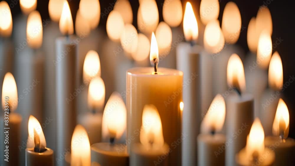 Multiple lit candles creating a warm and peaceful atmosphere Multiple lit candles creating a warm and peaceful atmosphere