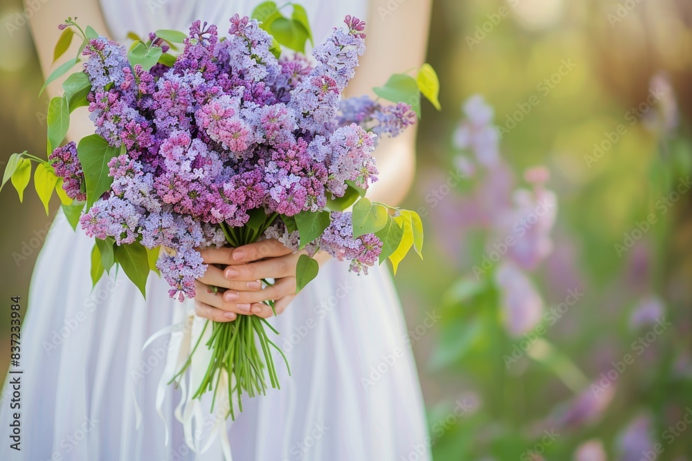 Gentle hands of a woman in a white dress cradle a lush bouquet of lilac Gentle hands of a woman in a white dress cradle a lush bouquet of lilac