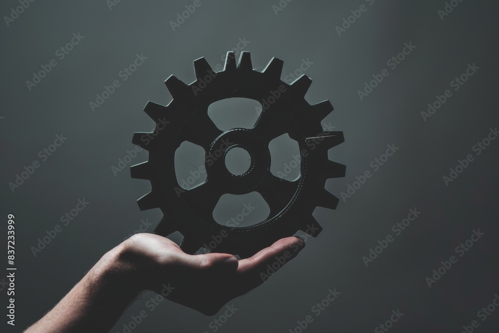 An illustration of a businessman holding one metal gear which means an individual worker is an important part of a company and workplace. An illustration of a businessman holding one metal gear which means an individual worker is an important part of a company and workplace.