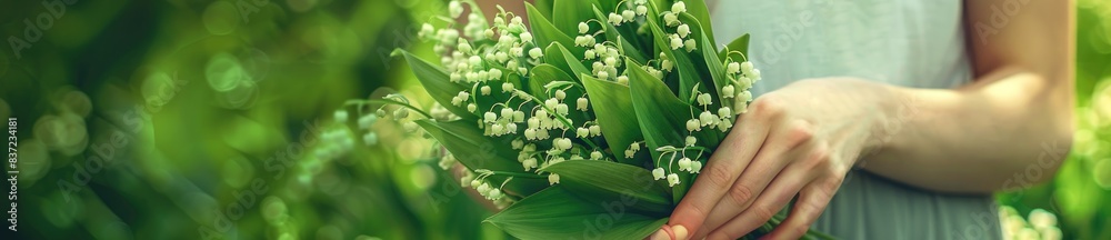 Obraz premium a bouquet of lilies of the valley cradled in gentle woman hands