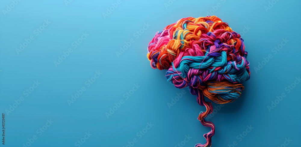 A human brain made of colorful tangled threads on a blue background ...