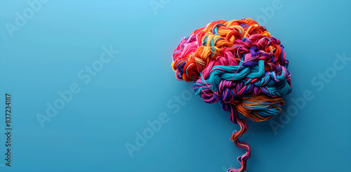 A human brain made of colorful tangled threads on a blue background with a banner for copy space. Concept of neurodiversity and mental problems. photo