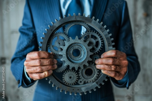 An illustration of a businessman holding some iron gears, which are the symbol of managing and planning the way to run his business efficiently.