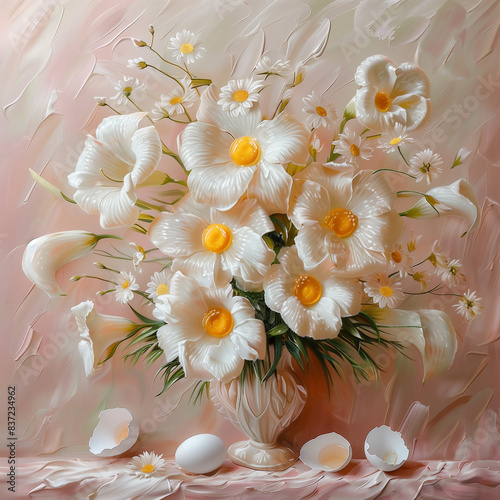 A bouquet of flowers consisting of calla lilies, white roses, and fried eggs. The background is pink photo