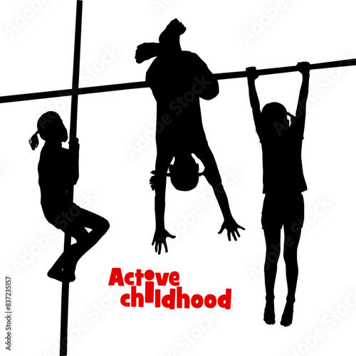 Silhouette of girls on the crossbar. Active childhood. hand drawing. Not AI, Vector illustration