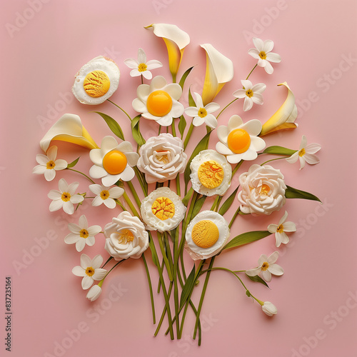 A bouquet of flowers consisting of calla lilies, white roses, and fried eggs. The background is pink photo