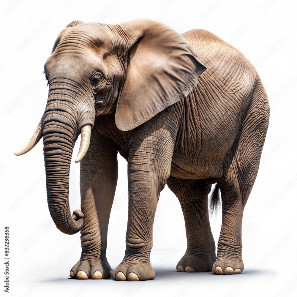 Fototapeta premium African Elephant Standing on White Background. Generative AI