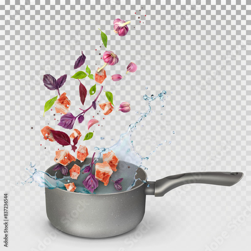 A saucepan with the water that falls in pieces of raw meat, garlic, basil and spices. Recipe for broth, meat dish. Vector 3d illustration isolated on transparent background.