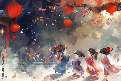 Cartoon with chinese women at the qixi festival