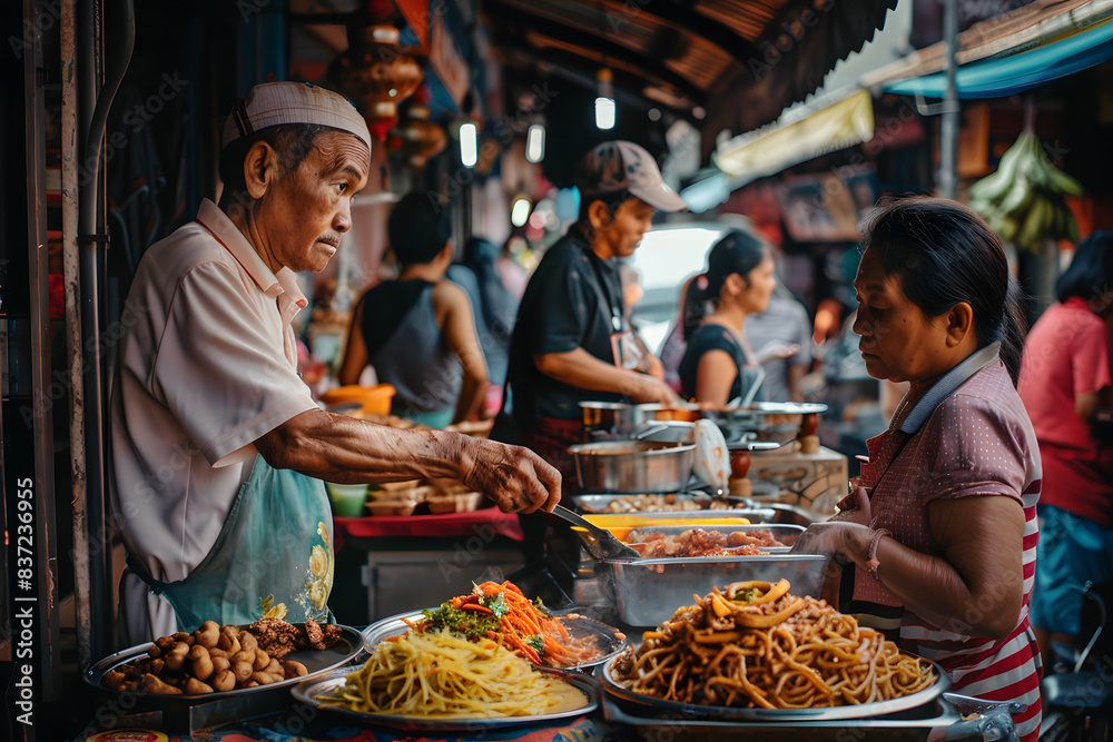 A candid capture of a street food vendor serving customers, bustling market atmosphere, vibrant colors, and lively interactions A candid capture of a street food vendor serving customers, bustling market atmosphere, vibrant colors, and lively interactions