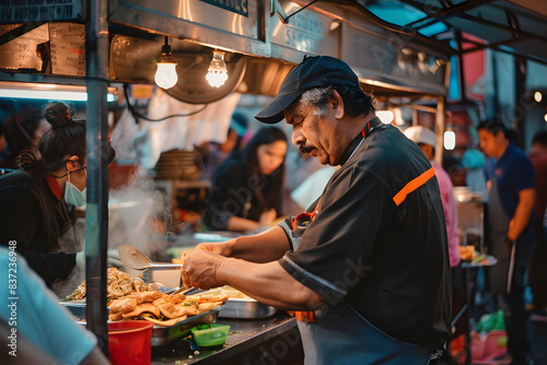 Wallpaper Mural A candid capture of a street food vendor serving customers, bustling market atmosphere, vibrant colors, and lively interactions Torontodigital.ca