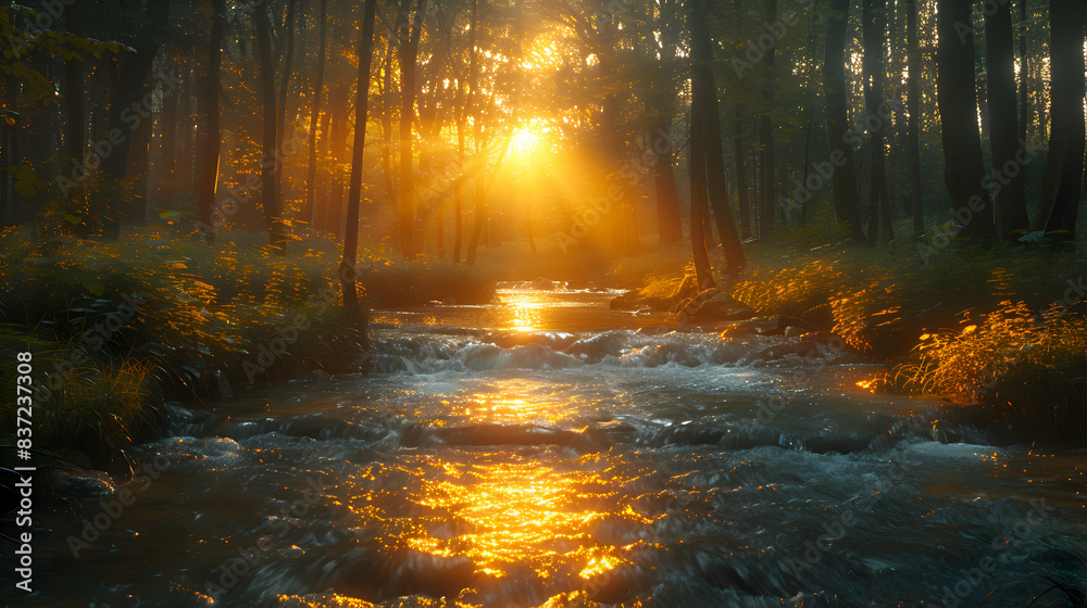 An ultra HD view of a nature brook at sunrise, the light filtering through the trees and illuminating the water An ultra HD view of a nature brook at sunrise, the light filtering through the trees and illuminating the water