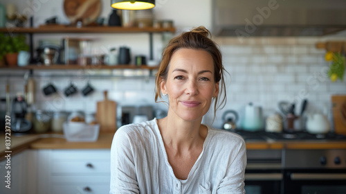 Woman 40 years old in cozy kitchen interior