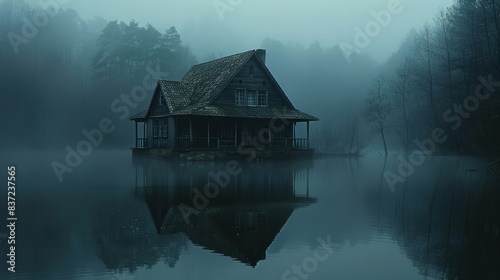 Haunted House on the Lake with Dark Horror Atmosphere. Haunted Lake Scene House.