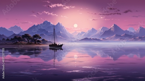 A voyager in a plain purple shirt sailing a small boat on a calm lake  with reflections of mountains and trees on the water 