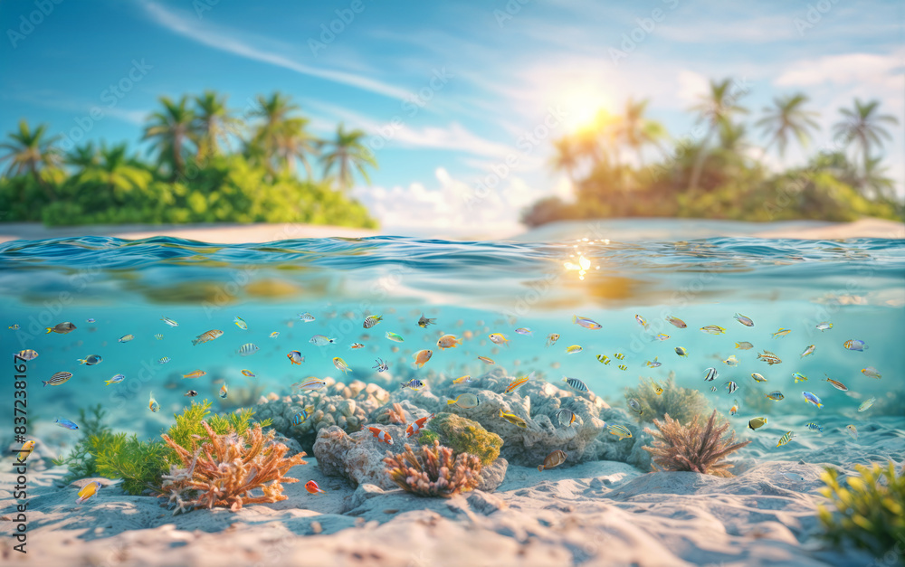 Breathtaking split view of a vibrant coral reef underwater full of tropical colorful fish and a paradise tropical island above the ocean Breathtaking split view of a vibrant coral reef underwater full of tropical colorful fish and a paradise tropical island above the ocean