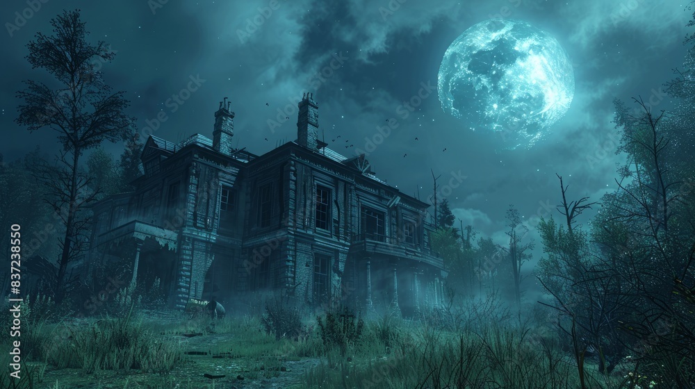 Haunted House with Full Moon in the Background. Haunted House Scene. Haunted House with Full Moon in the Background. Haunted House Scene.