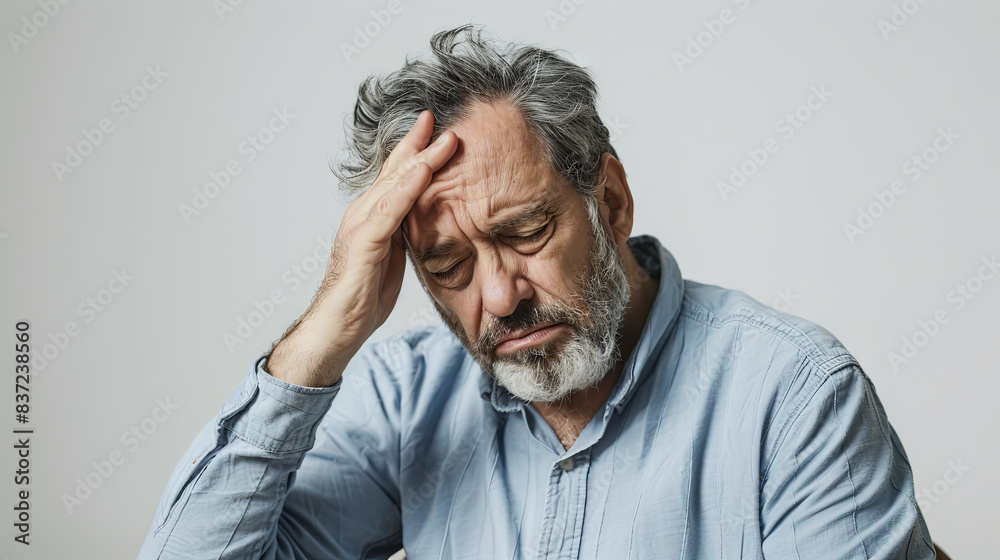 Portrait of stressed senior man holding hand to head feeling discomfort from migraine on light isolated background. Advertising banner concept for headache medicine Portrait of stressed senior man holding hand to head feeling discomfort from migraine on light isolated background. Advertising banner concept for headache medicine
