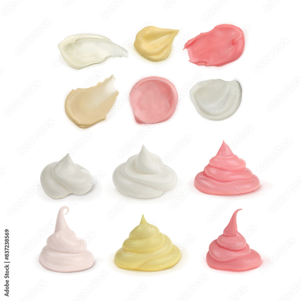 A big set of different forms of cream and smears. Cosmetics, food, cream of white, pink beige, yellow colors isolated on a white background.