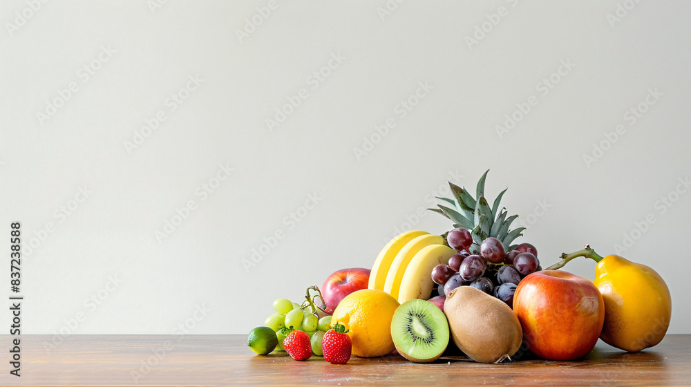 Fresh Fruit Arrangement on White Background with Copy Space - Perfect for Advertising and Healthy Eating Content Fresh Fruit Arrangement on White Background with Copy Space - Perfect for Advertising and Healthy Eating Content