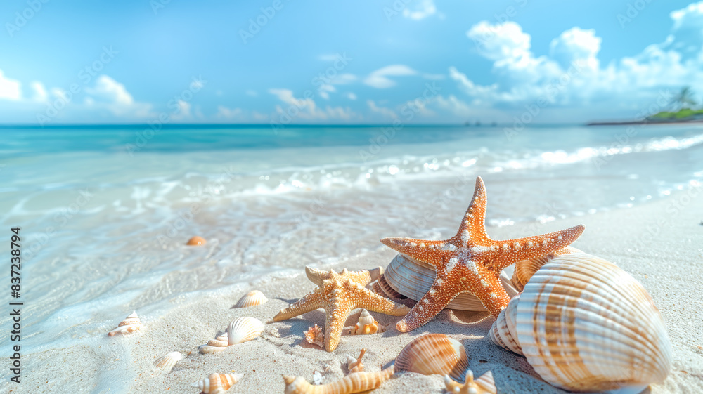 Pristine white beach with turquoise ocean on a sunny day, sea shells and colorful starfish. Summer vacation background Pristine white beach with turquoise ocean on a sunny day, sea shells and colorful starfish. Summer vacation background
