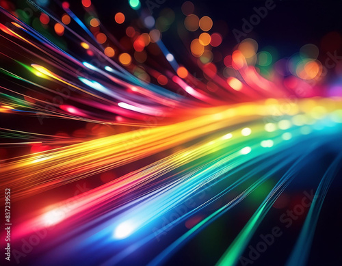 Optic fibre tips illuminated with rainbow colors in dark background