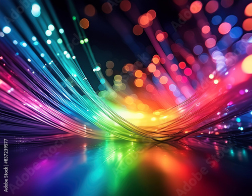 Optic fibre tips illuminated with rainbow colors in dark background
