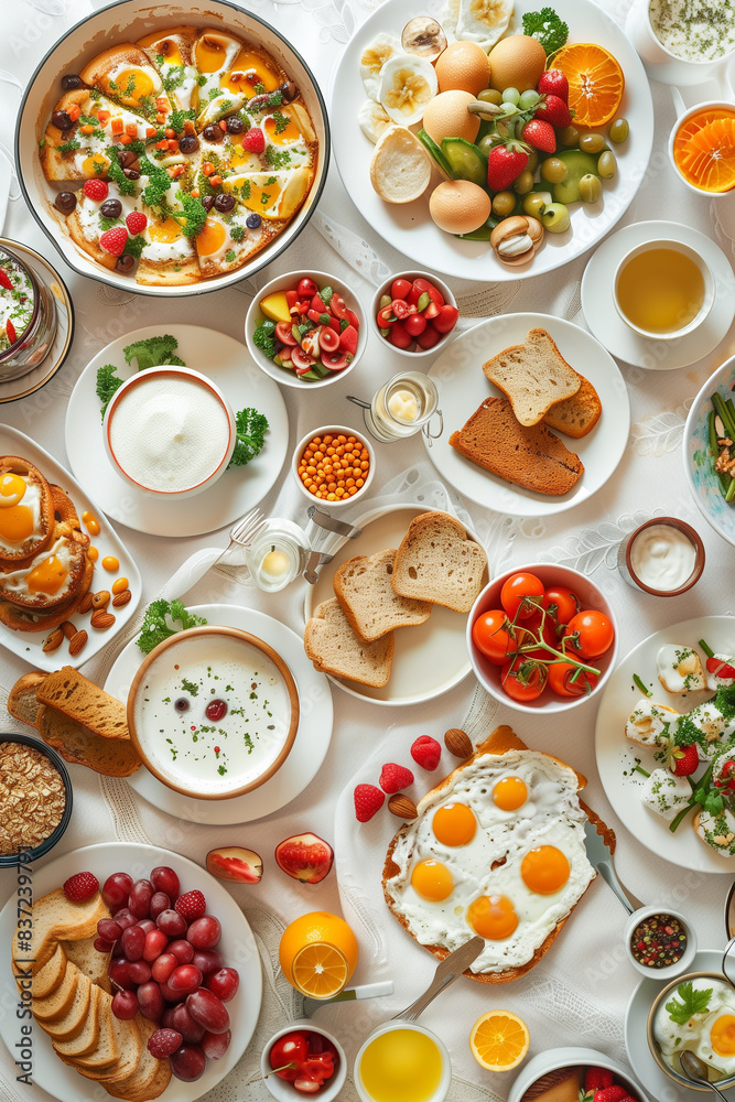Elaborate breakfast layout with fresh eggs, fruits, bread, and beverages, presented on a white table, perfect for a luxurious start into the day