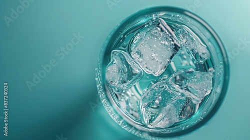 An enticing overhead view of campaign being poured into a glass filled with ice, against a serene teal background, inviting viewers to unwind and enjoy a moment of relaxation.