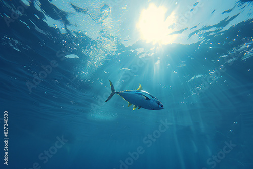 A large tuna swims through clear blue water, with sun rays penetrating the water