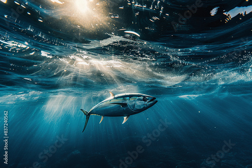 A large tuna swims through clear blue water, with sun rays penetrating the water