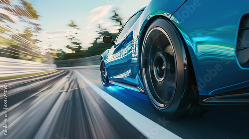 Rear view of blue Business car on high speed in turn. Blue car rushing along a high-speed highway, fast blur background © Martinesku