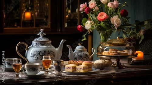 An elegant afternoon tea setup with teapots  teacups  and an assortment of pastries 