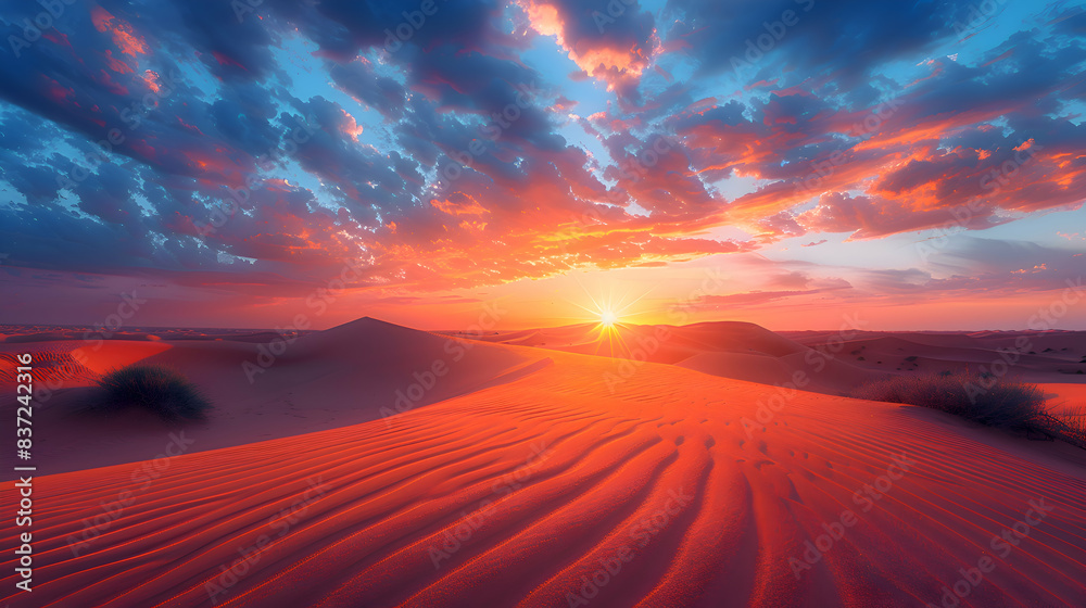 An ultra HD view of nature sand dunes at sunrise, the sky glowing with vibrant colors and the sand bathed in golden light An ultra HD view of nature sand dunes at sunrise, the sky glowing with vibrant colors and the sand bathed in golden light