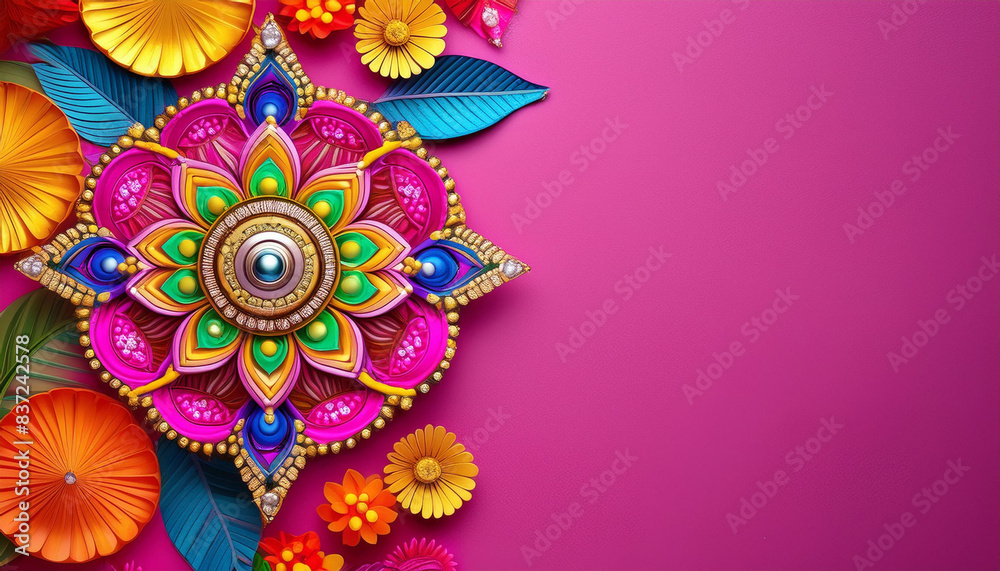 Greeting card banner for festival. Colorful floral mandala patterns on a vibrant pink background