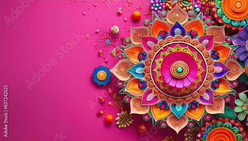 Greeting card banner for festival. Colorful floral mandala patterns on a vibrant pink background